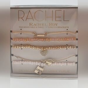 FIVE Bracelets Beaded & Gold Tone Charms Paperclip Chain RACHEL ROY NEW BOX SET